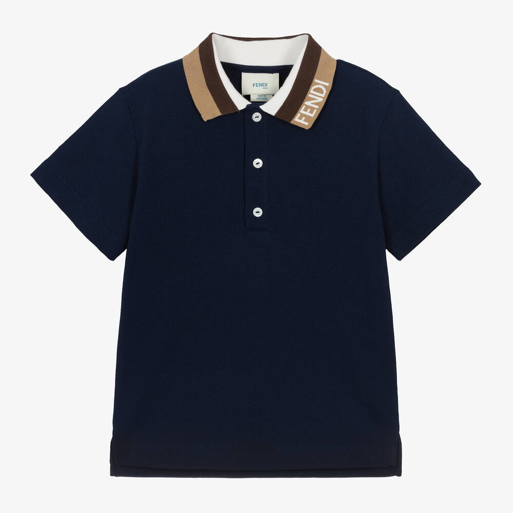 Fendi - Синяя рубашка поло из хлопка с воротником в технике интарсия для мальчиков | Childrensalon