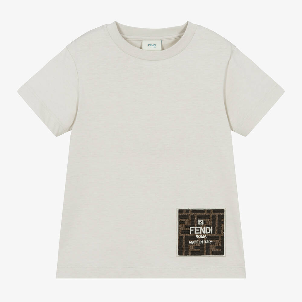 Fendi - Boys Pale Grey Cotton Appliqué T-Shirt | Childrensalon
