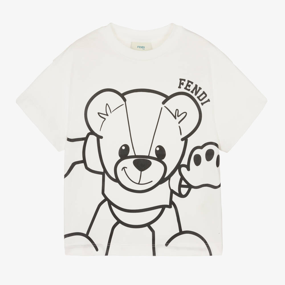 Fendi - Boys White Cotton Fendi Bear T-Shirt | Childrensalon