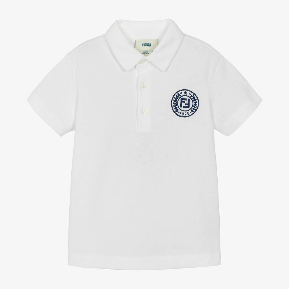 Fendi - Boys White Cotton Stamp Logo Polo Shirt | Childrensalon