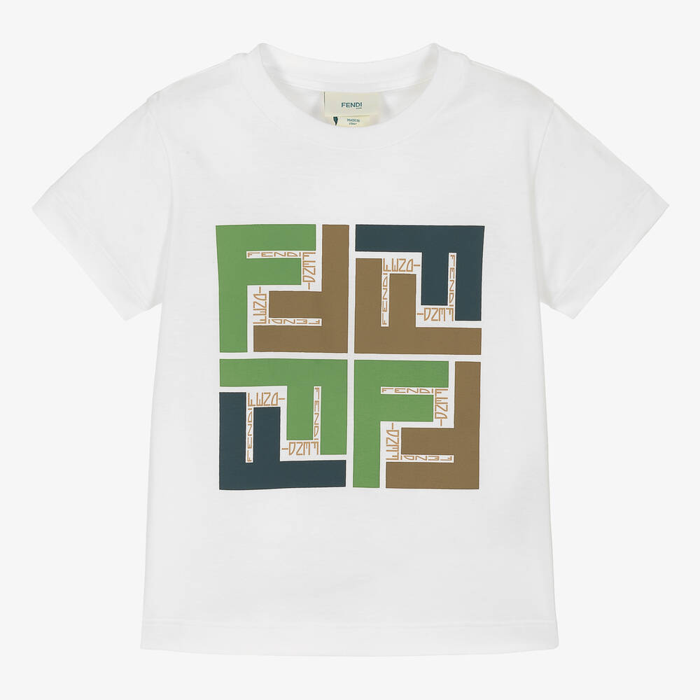 Fendi - Boys White & Green FF Logo T-Shirt | Childrensalon