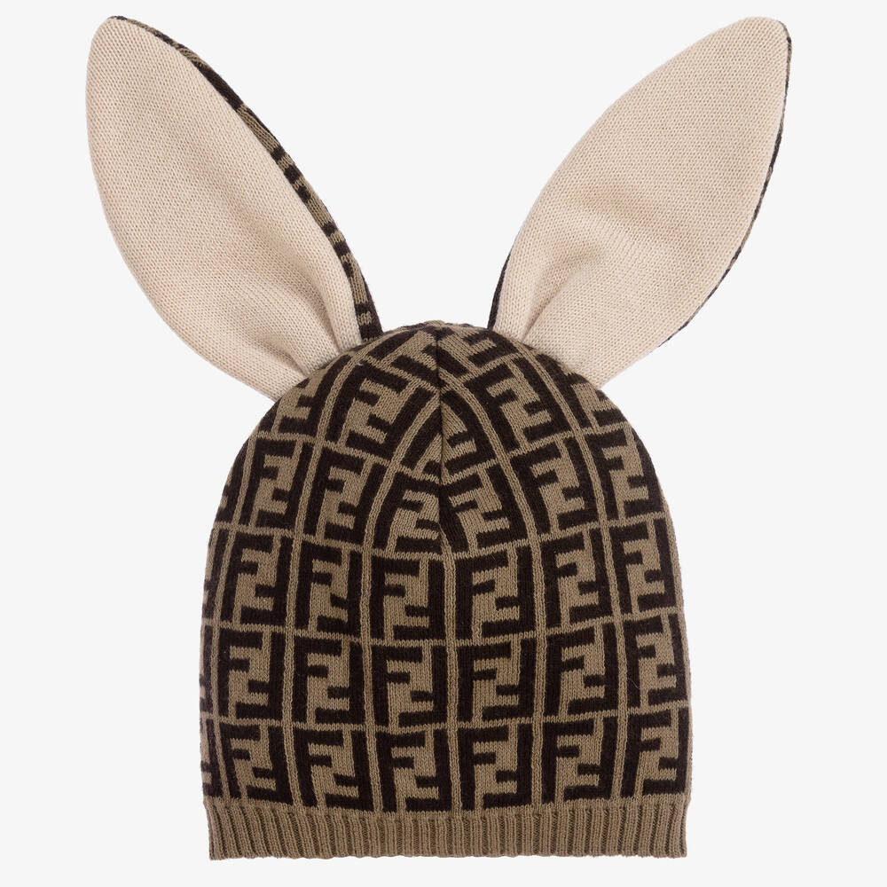 Fendi Babies' Brown Ff Cotton & Cashmere Bunny Hat In Neutral