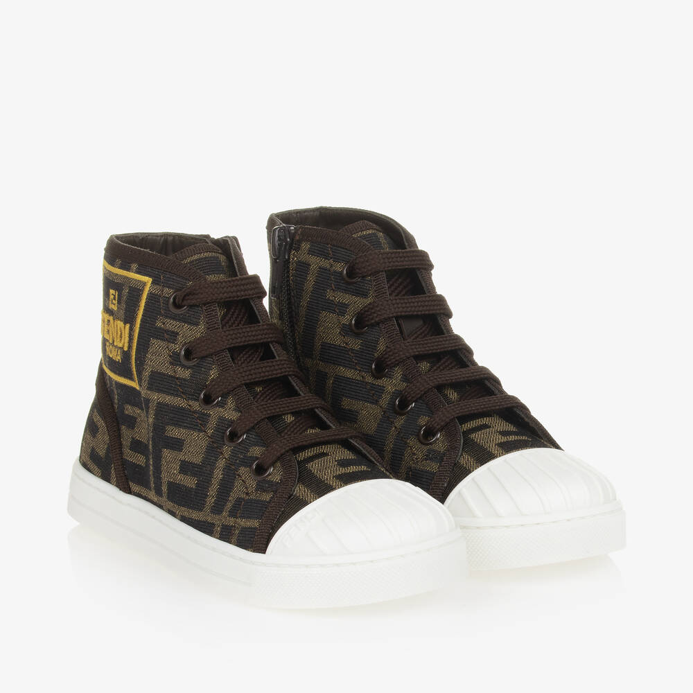 Fendi - Brown FF Logo High-Top Trainers | Childrensalon