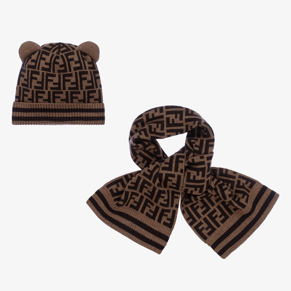 Fendi - Brown Knitted Wool Hat & Scarf Set | Childrensalon