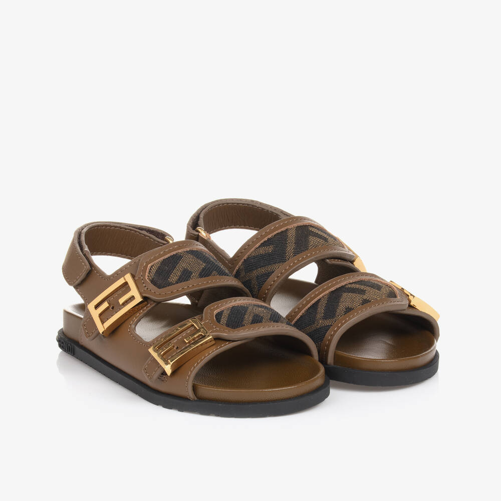 Fendi - Brown Leather FF Velcro Sandals  | Childrensalon