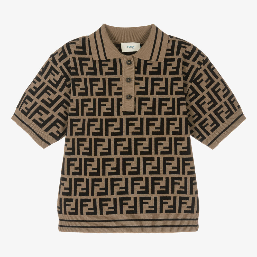 Fendi - Brown Logo Knitted Polo Shirt | Childrensalon