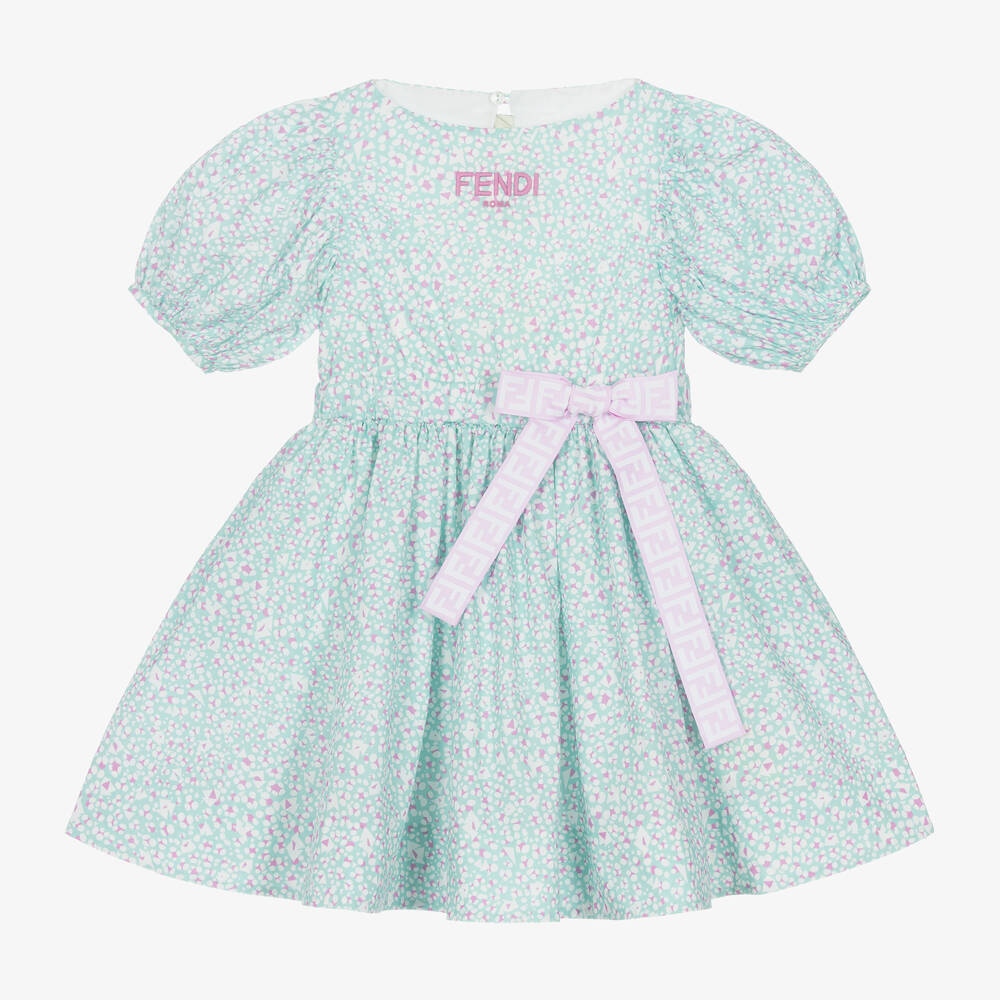 Fendi - Girls Aqua Blue Cotton Dress | Childrensalon