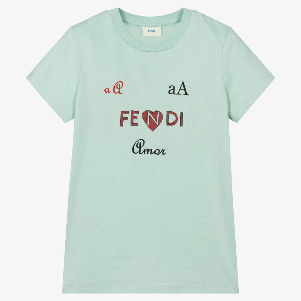 Fendi Kids' Girls Aqua Blue Cotton Logo T-shirt In Green