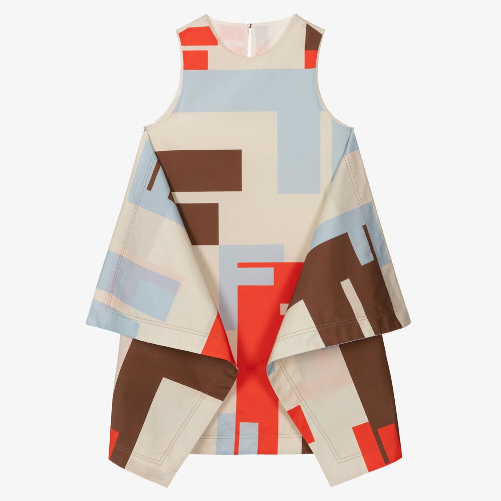 Fendi - Girls Beige Cotton FF Logo Dress | Childrensalon