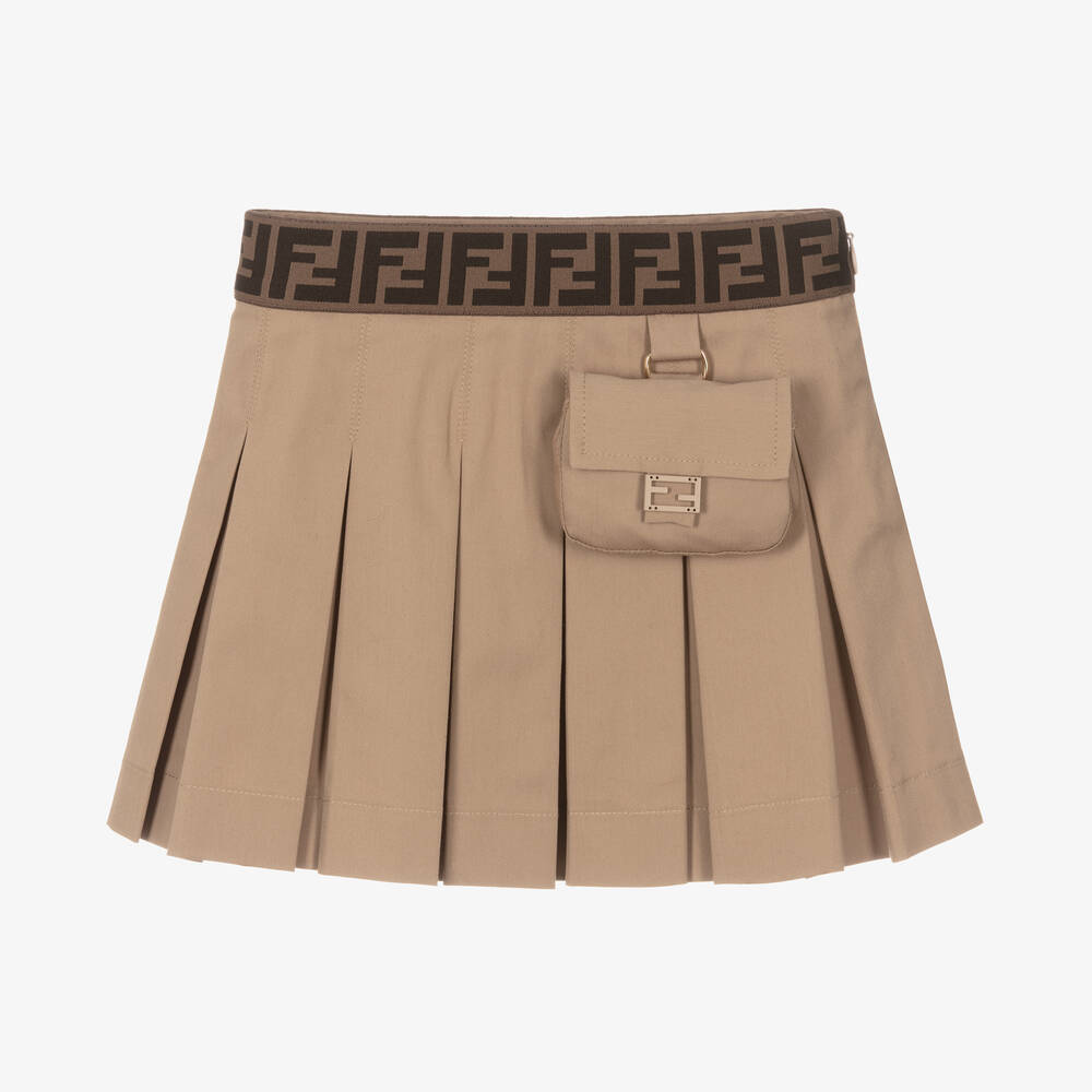 Fendi - Girls Beige Cotton Pleated Skirt | Childrensalon