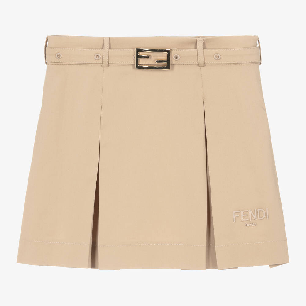 Fendi - Girls Beige Cotton Pleated Skirt | Childrensalon