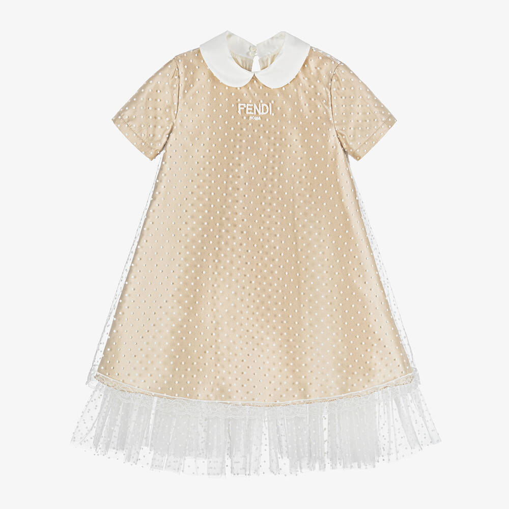 Fendi - Бежевое платье из атласа и кружева плюмети для девочек | Childrensalon