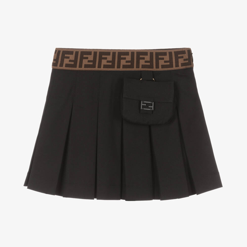 Fendi - Girls Black Cotton Pleated Skirt | Childrensalon