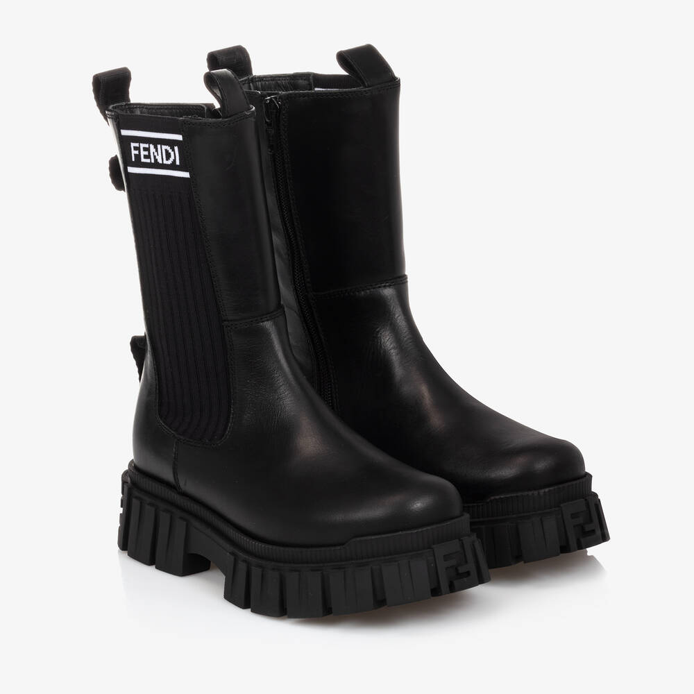 Fendi - Boots noires en cuir Fille | Childrensalon