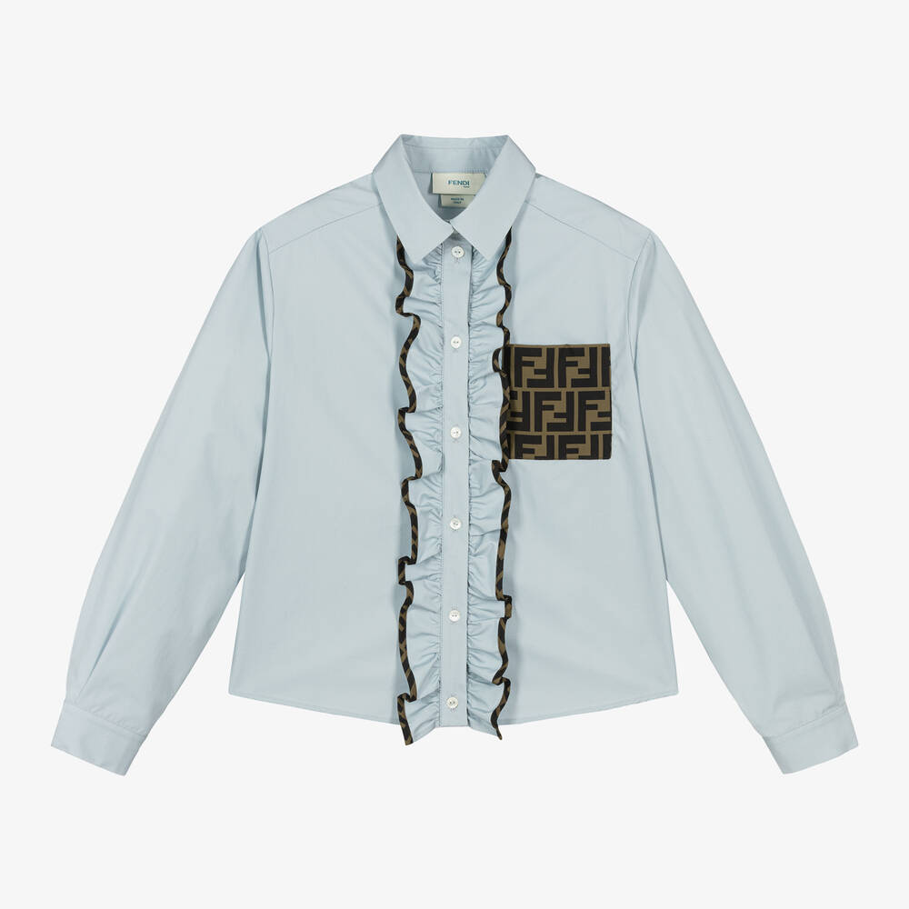 Fendi - Girls Blue Cotton Ruffle Blouse | Childrensalon