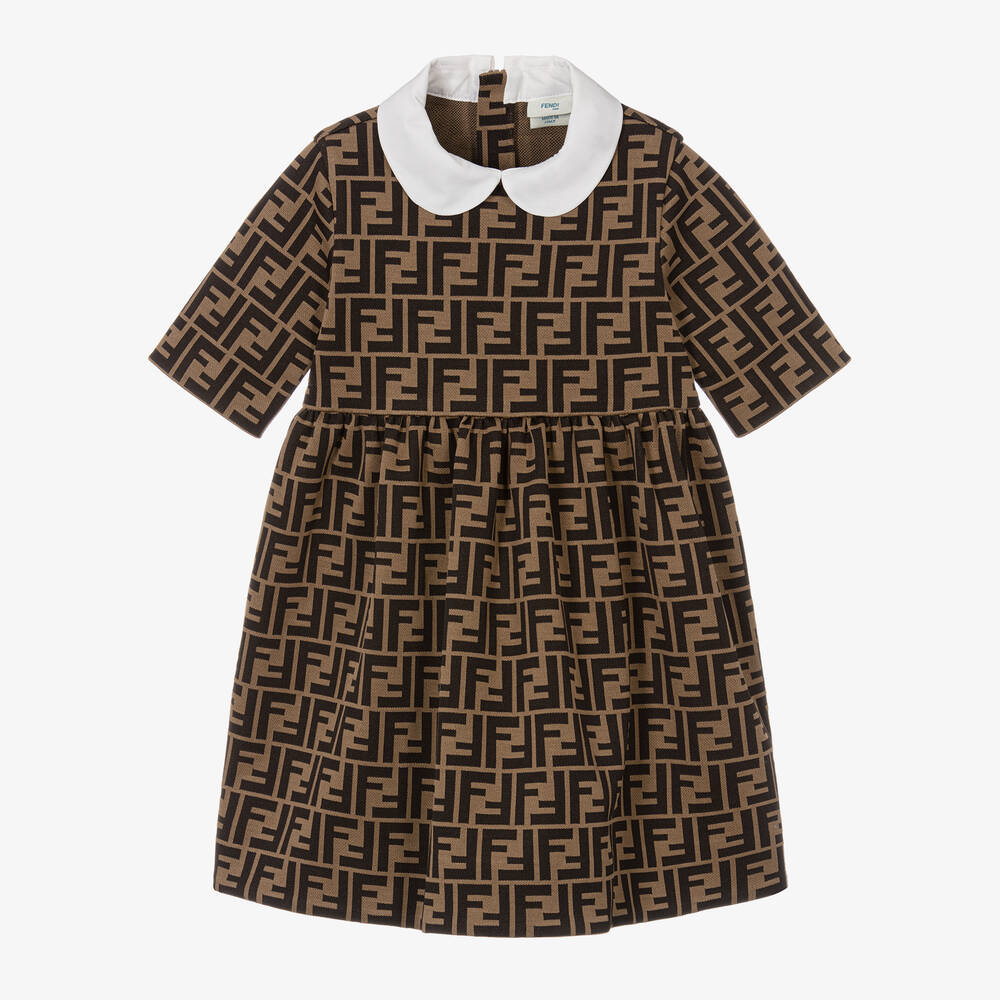Fendi - Коричневое жаккардовое платье с принтом FF для девочек | Childrensalon