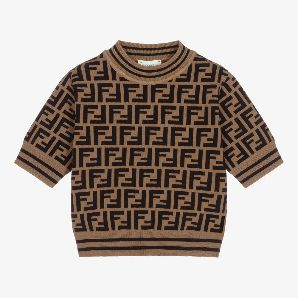 Fendi - Коричневый вязаный свитер с принтом FF для девочек | Childrensalon