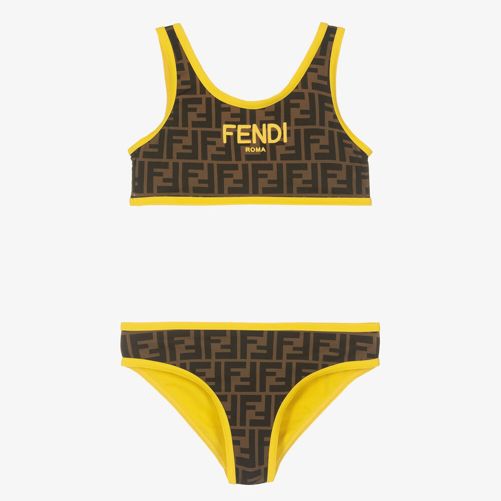 Fendi - مايو بيكيني بشعار FF بوجهين لون بني للبنات | Childrensalon