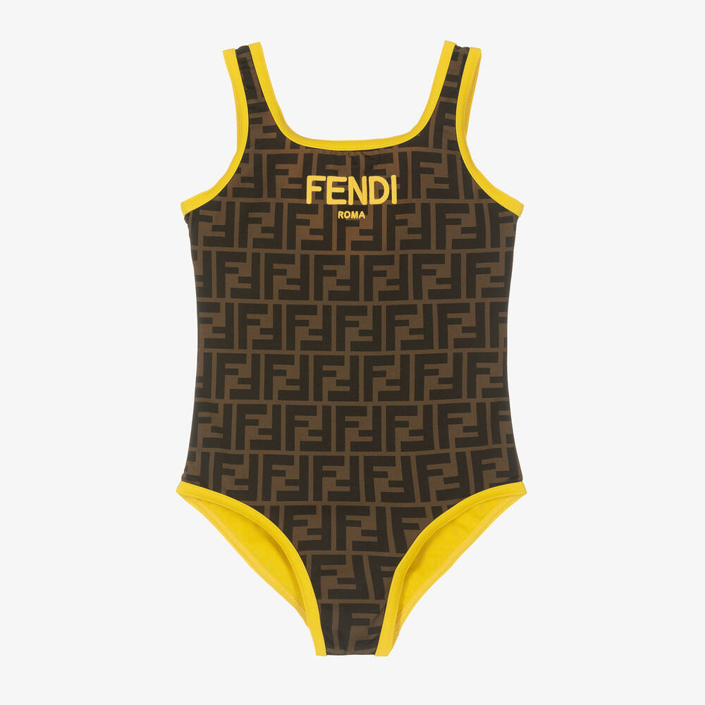 Fendi - مايوّ بشعار FF بوجهين لون بني وأصفر للبنات | Childrensalon