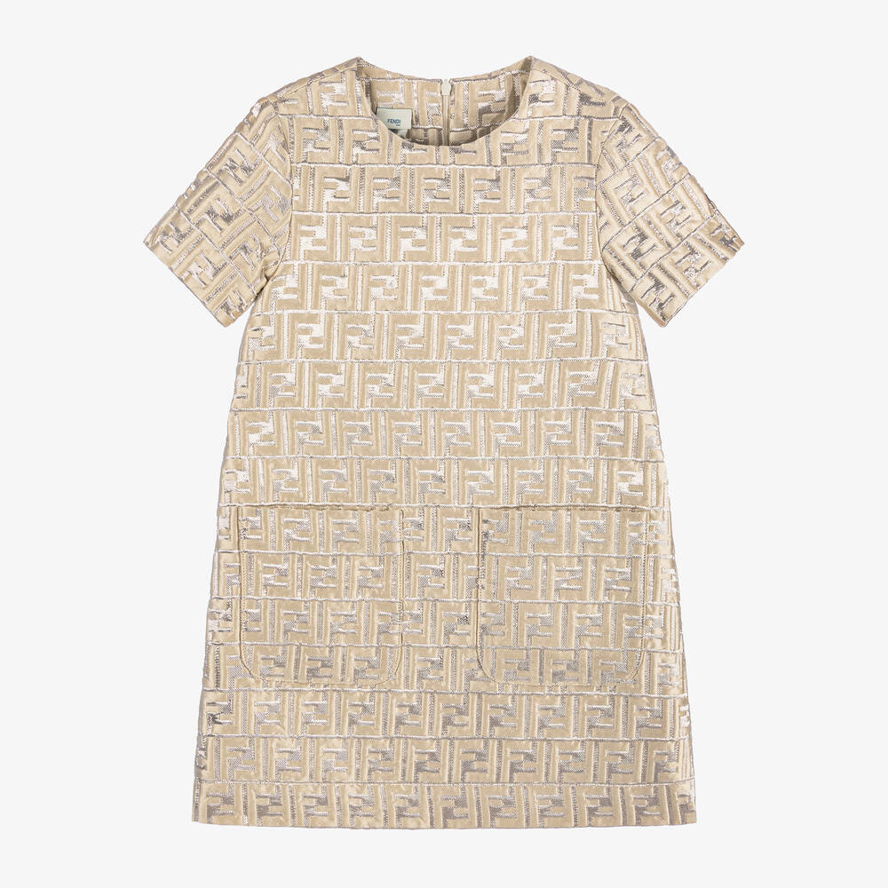 Fendi - Girls Champagne Gold FF Logo Dress | Childrensalon