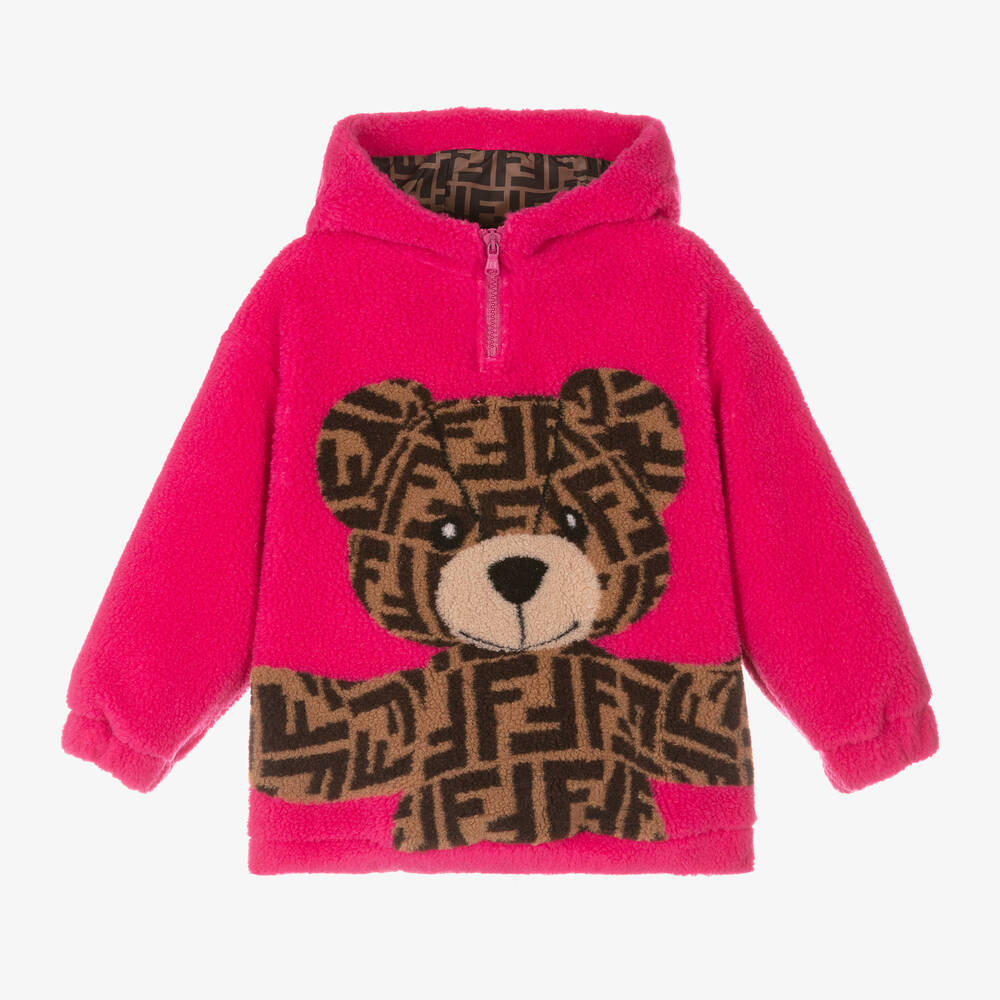 Fendi - Girls Fuchsia Pink FF Teddy Bear Hoodie | Childrensalon