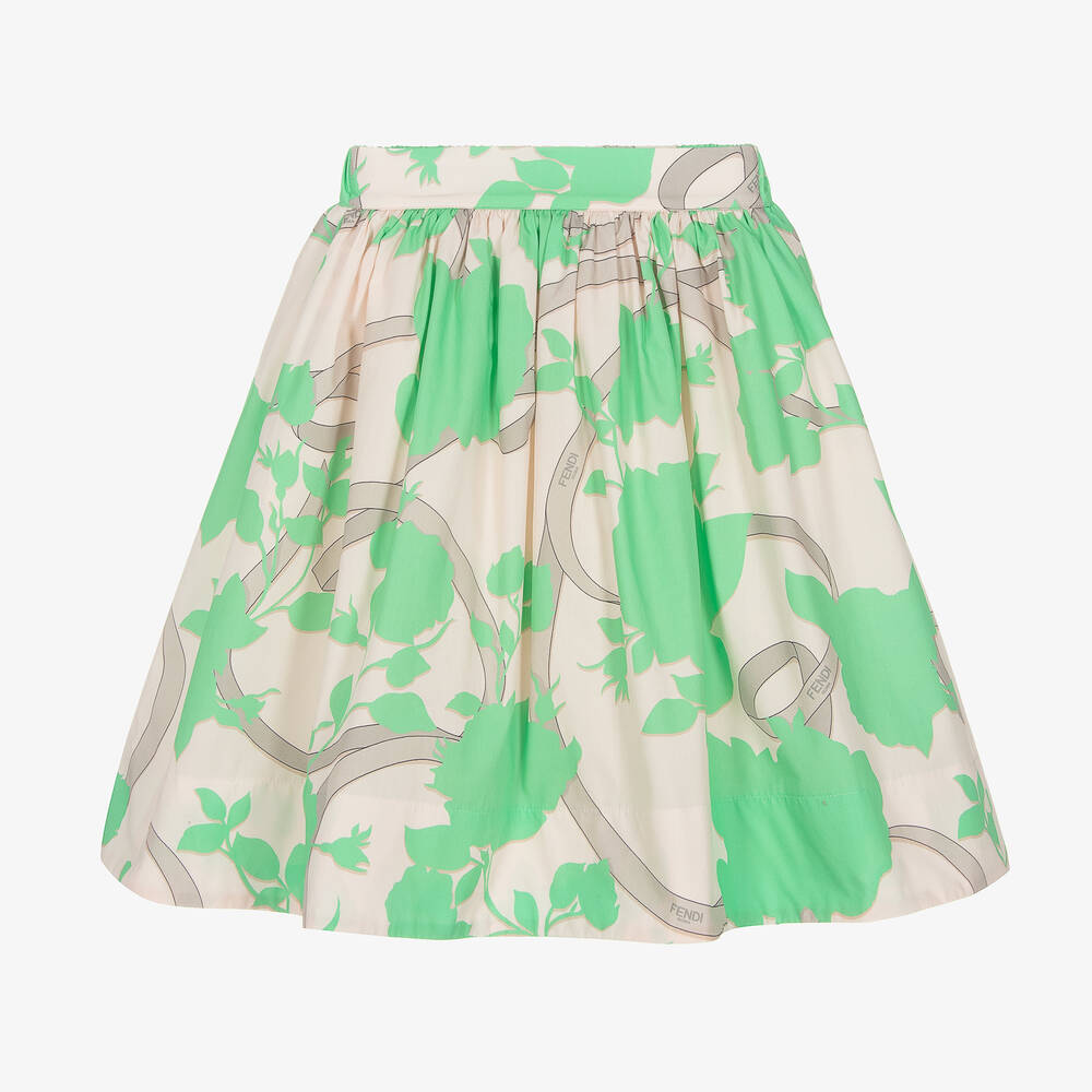 Fendi - Girls Green & Beige Cotton Logo Skirt | Childrensalon