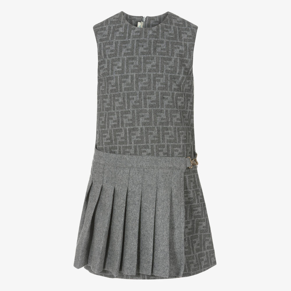 Fendi - Girls Grey FF Wool Flannel Dress | Childrensalon