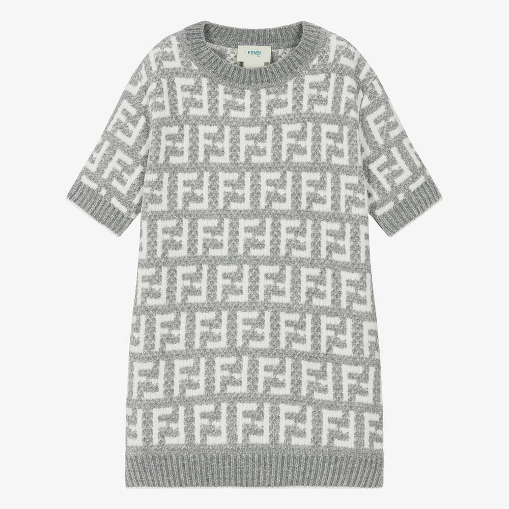Fendi - Girls Grey Knitted FF Monogram Dress | Childrensalon