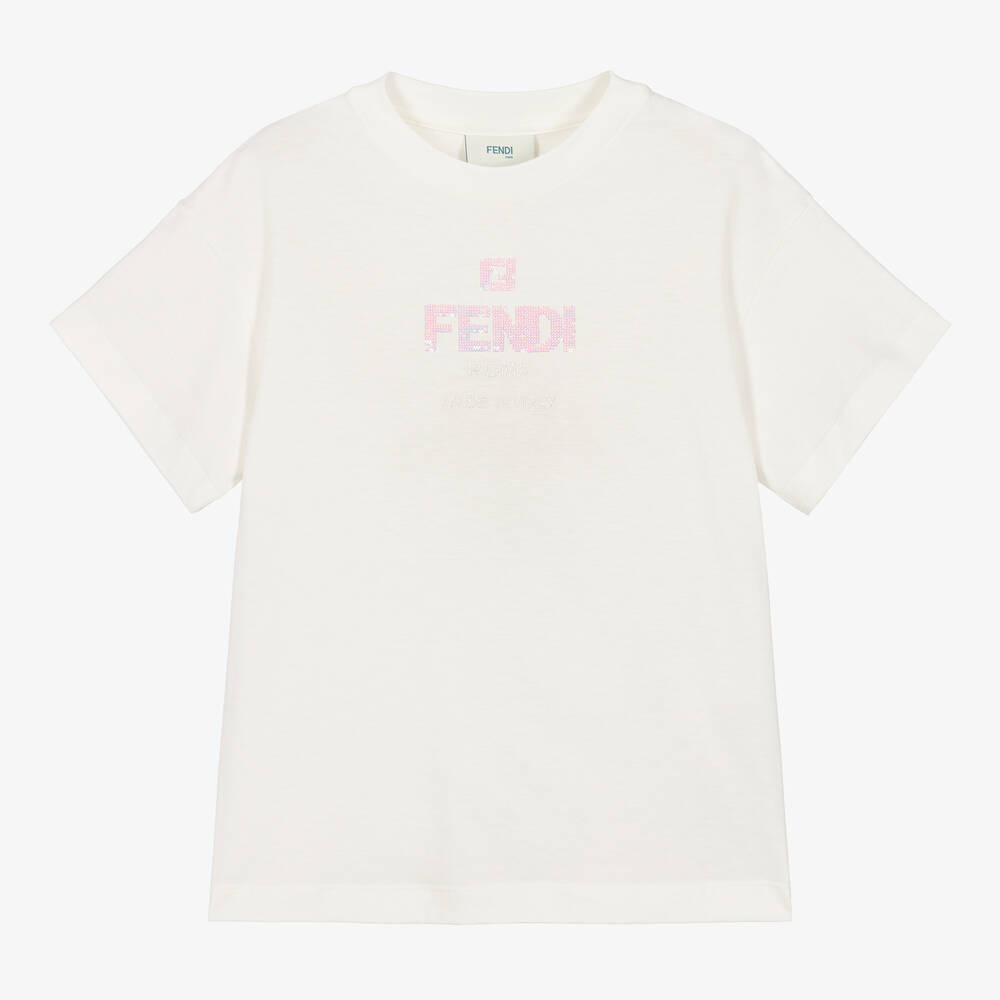 Fendi - Girls Ivory Cotton Sequin Logo T-Shirt | Childrensalon