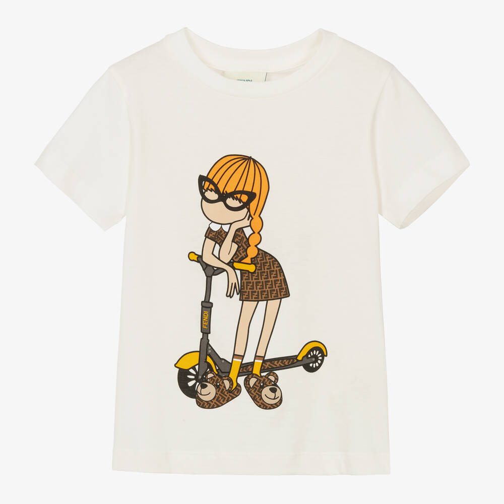 Fendi - Кремовая хлопковая футболка для девочек  | Childrensalon