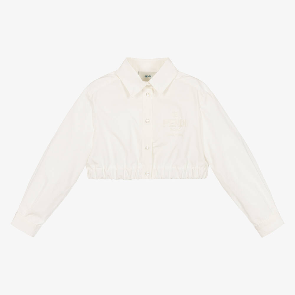 Fendi - Girls Ivory Cropped Cotton Logo Shirt | Childrensalon