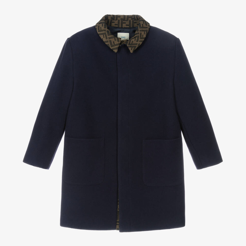 Fendi - Girls Navy Blue FF Logo Wool Coat | Childrensalon