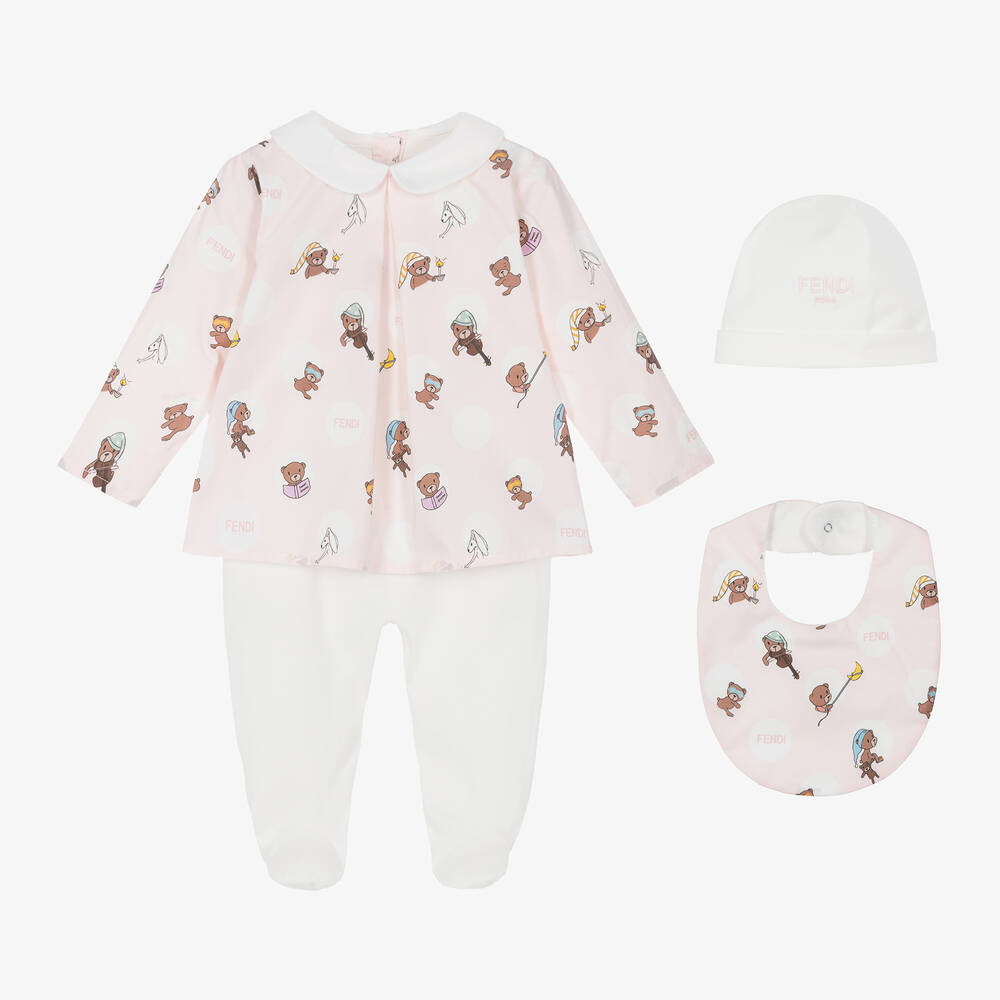 Fendi Girls Pink Cotton Teddy Bear Babysuit Set