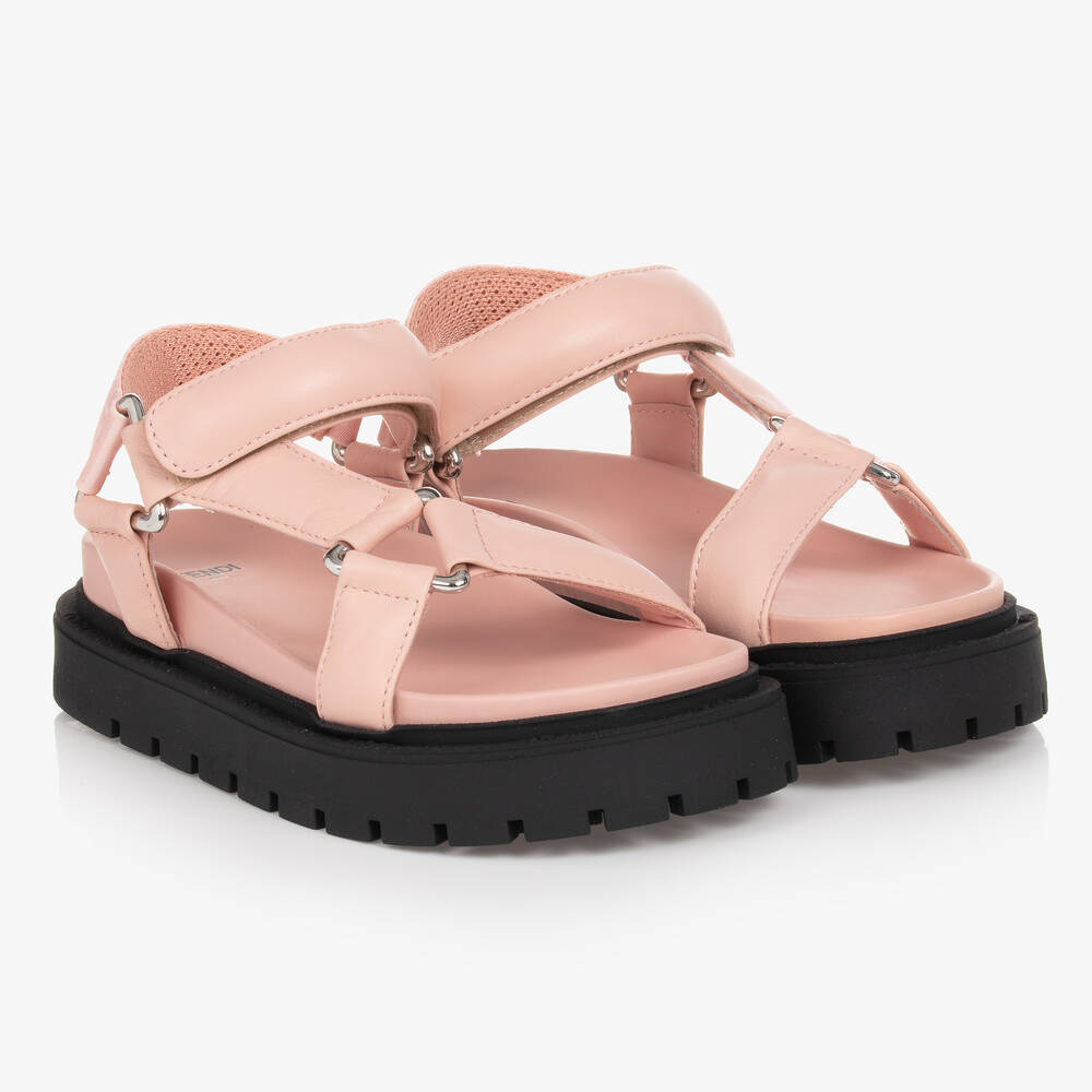 Fendi Kids' Girls Pink Leather Chunky Logo Sandals