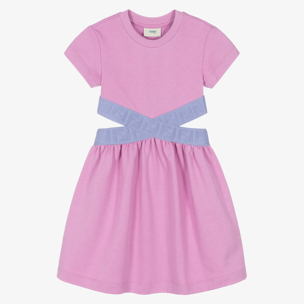 Fendi - Girls Purple Cotton FF Logo Waist Dress | Childrensalon