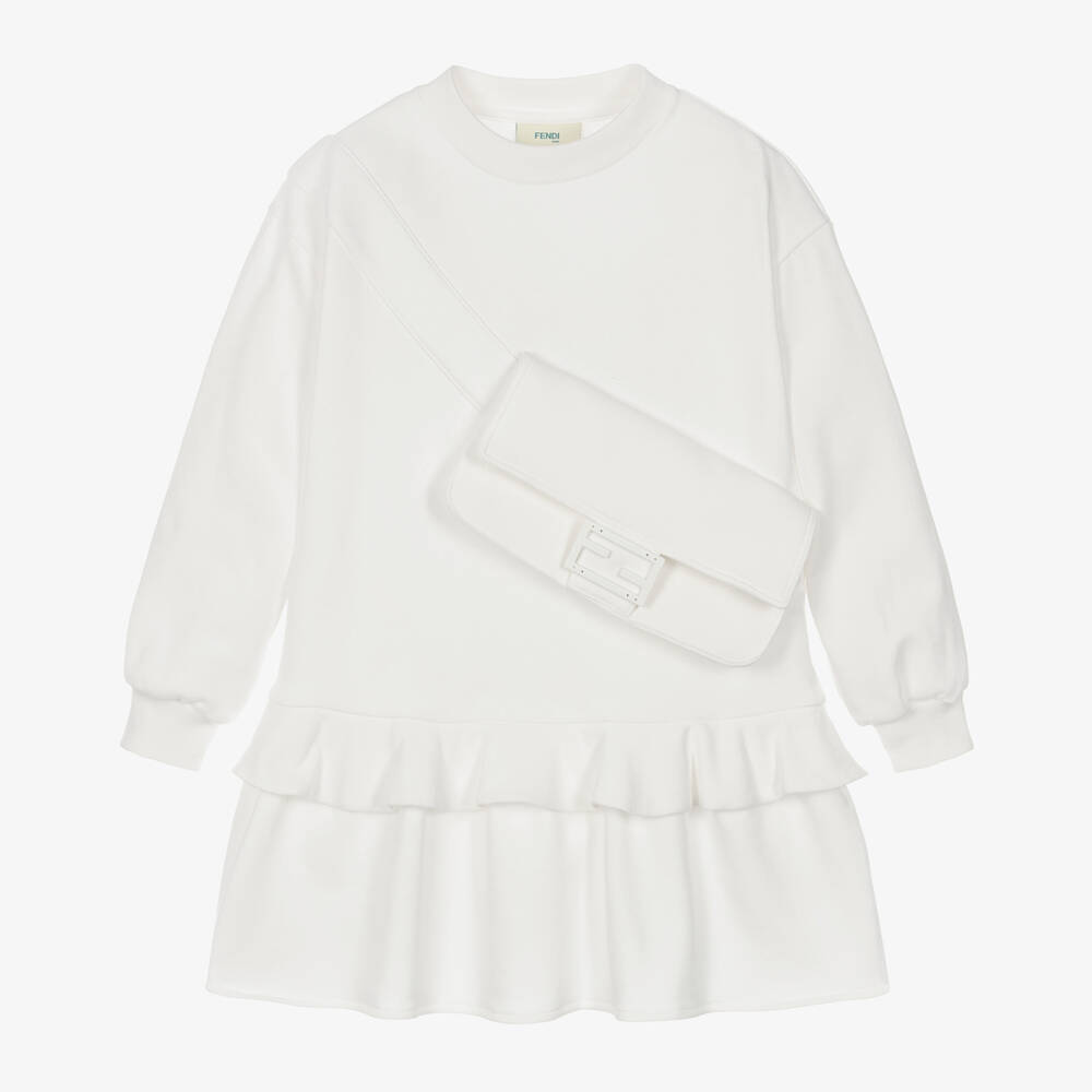 Fendi - Girls White Cotton Baguette Bag Dress | Childrensalon