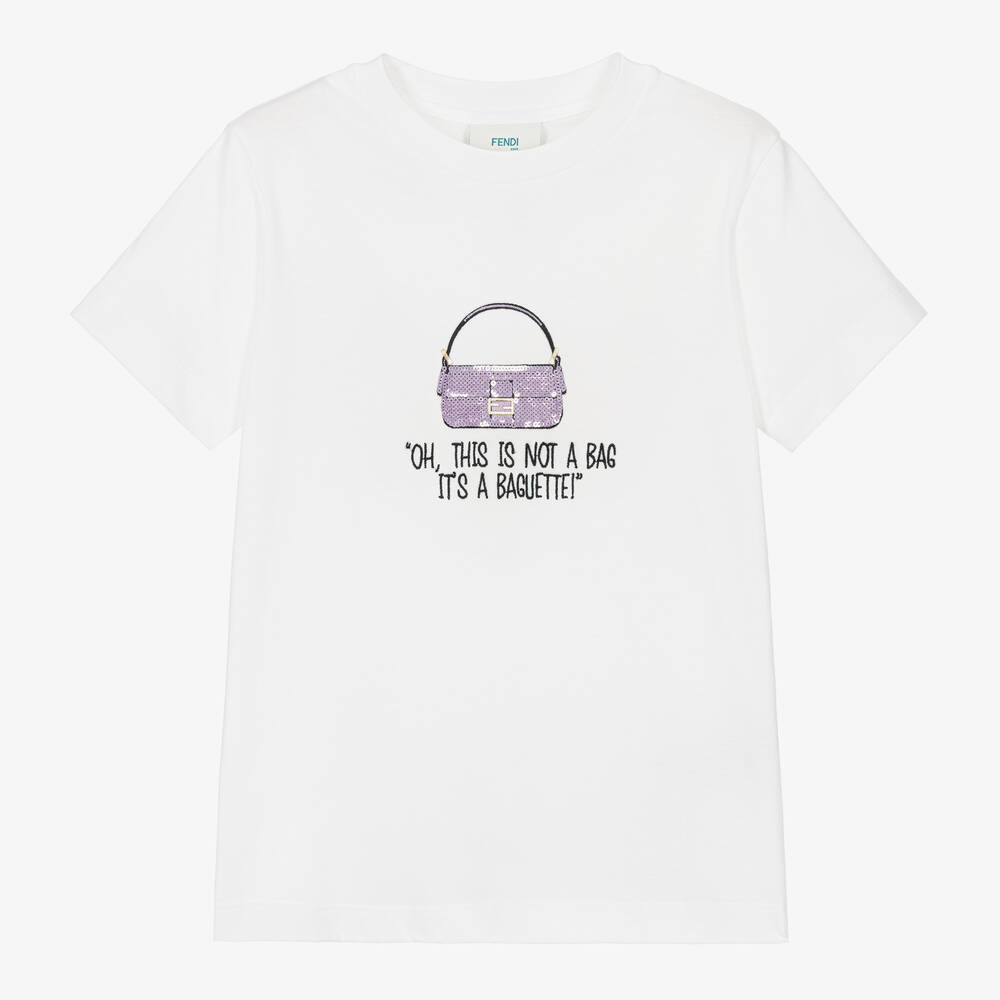 Fendi - T-shirt blanc en coton sac baguette | Childrensalon