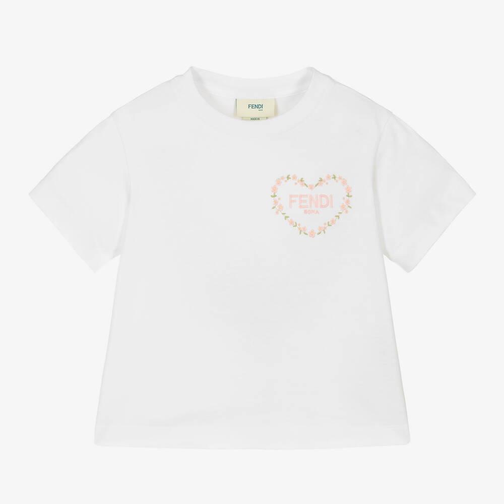 Fendi - Girls White Cotton Embroidered T-Shirt | Childrensalon