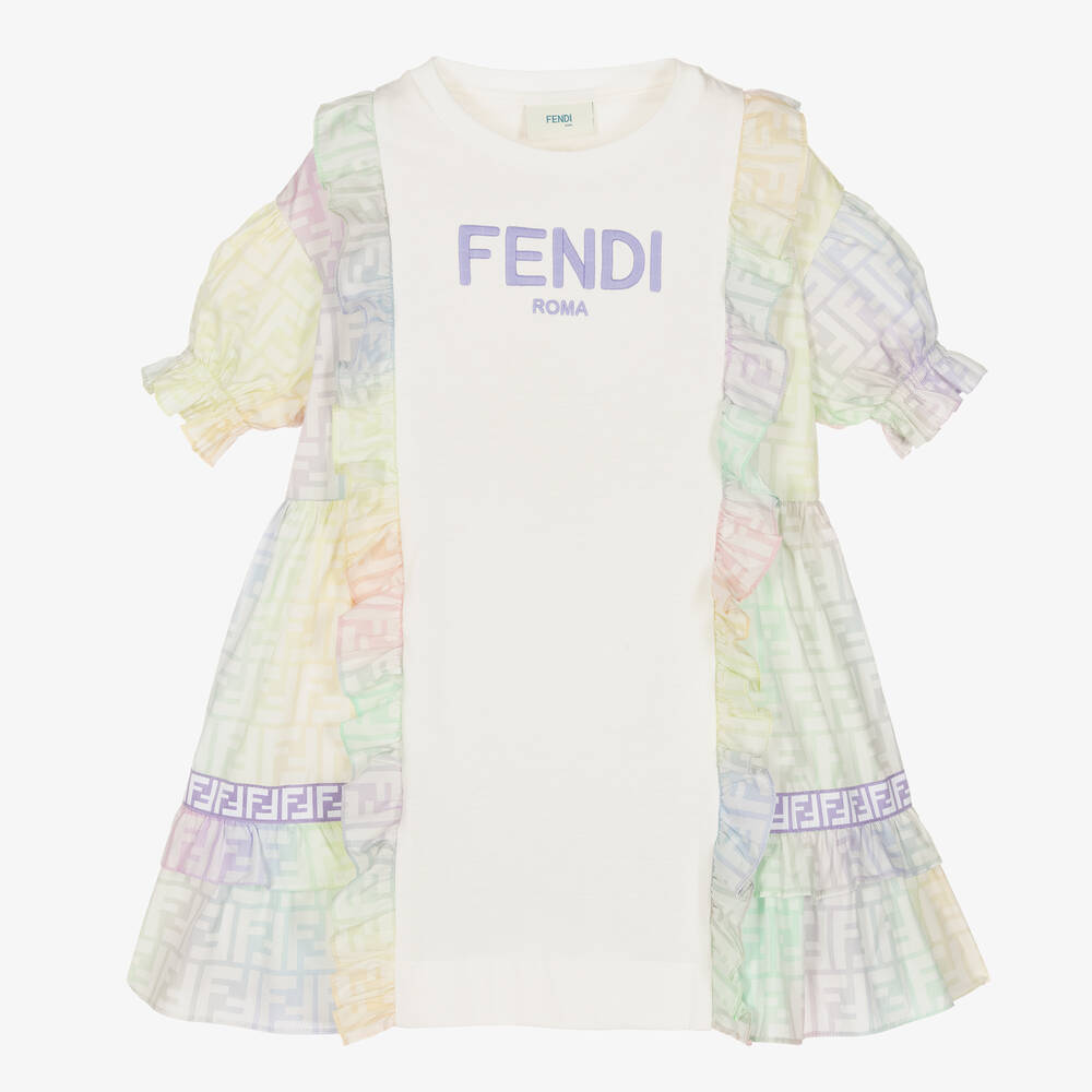 Fendi - Robe blanche en coton FF fille | Childrensalon