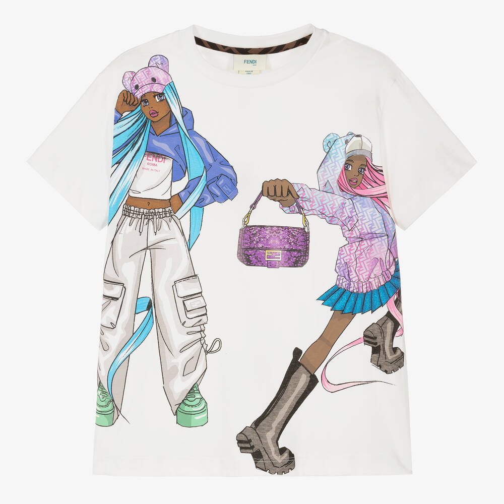 Fendi - Girls White Cotton Manga Print T-Shirt | Childrensalon
