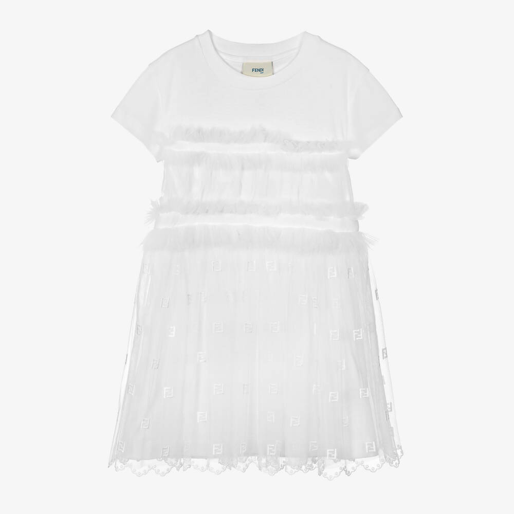 Fendi - Girls White Cotton Tulle Logo Dress | Childrensalon