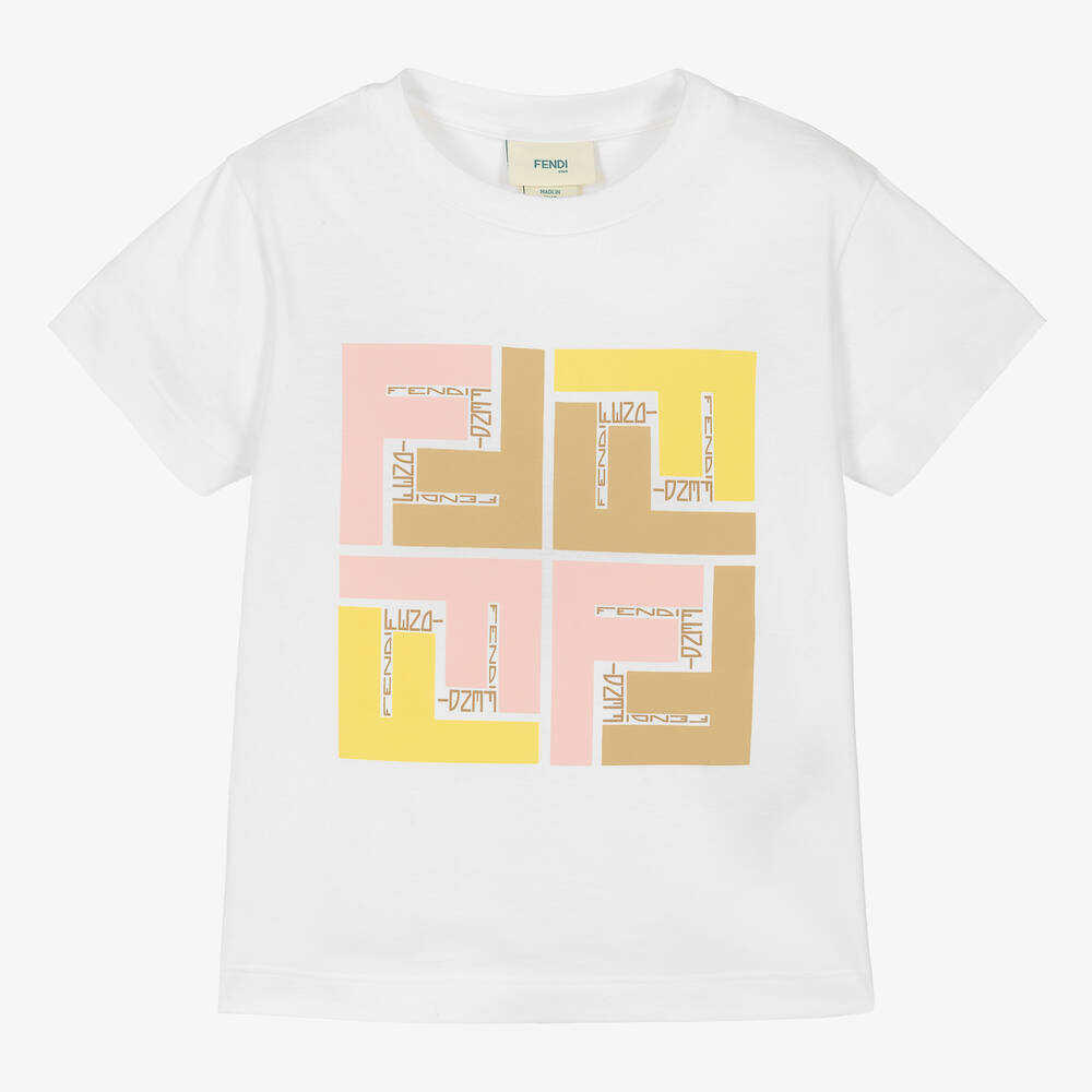 Fendi - Girls White & Pink FF Logo T-Shirt | Childrensalon
