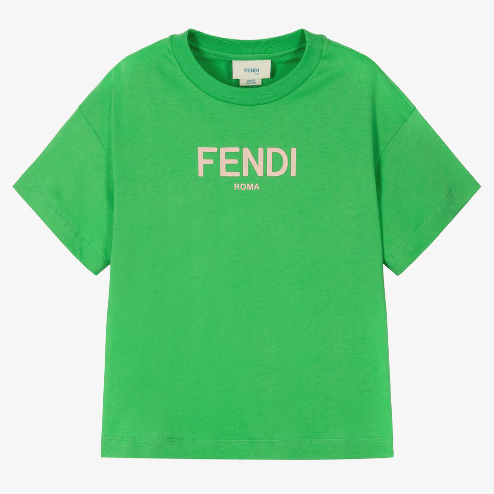 Fendi - T-shirt vert et blanc cassé en coton | Childrensalon