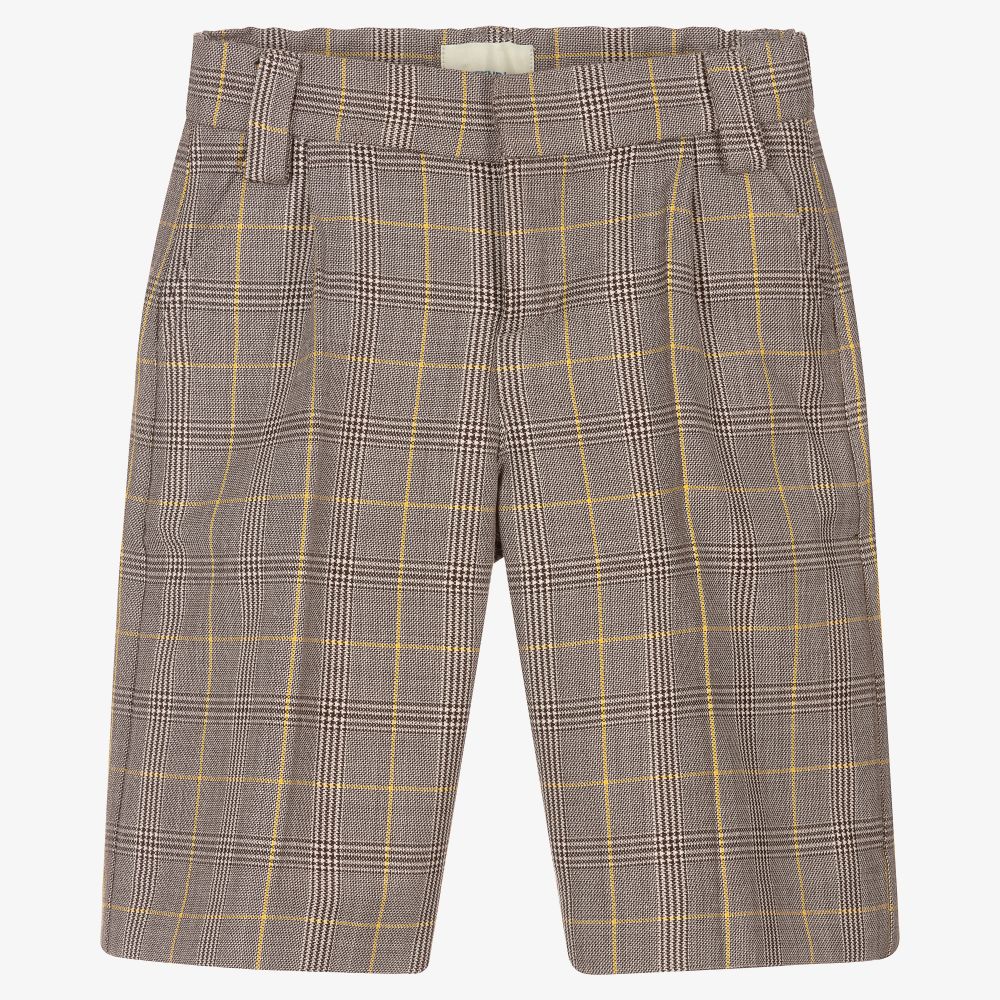 Fendi Kids' Boys Grey Check Wool Blend Shorts In Brown