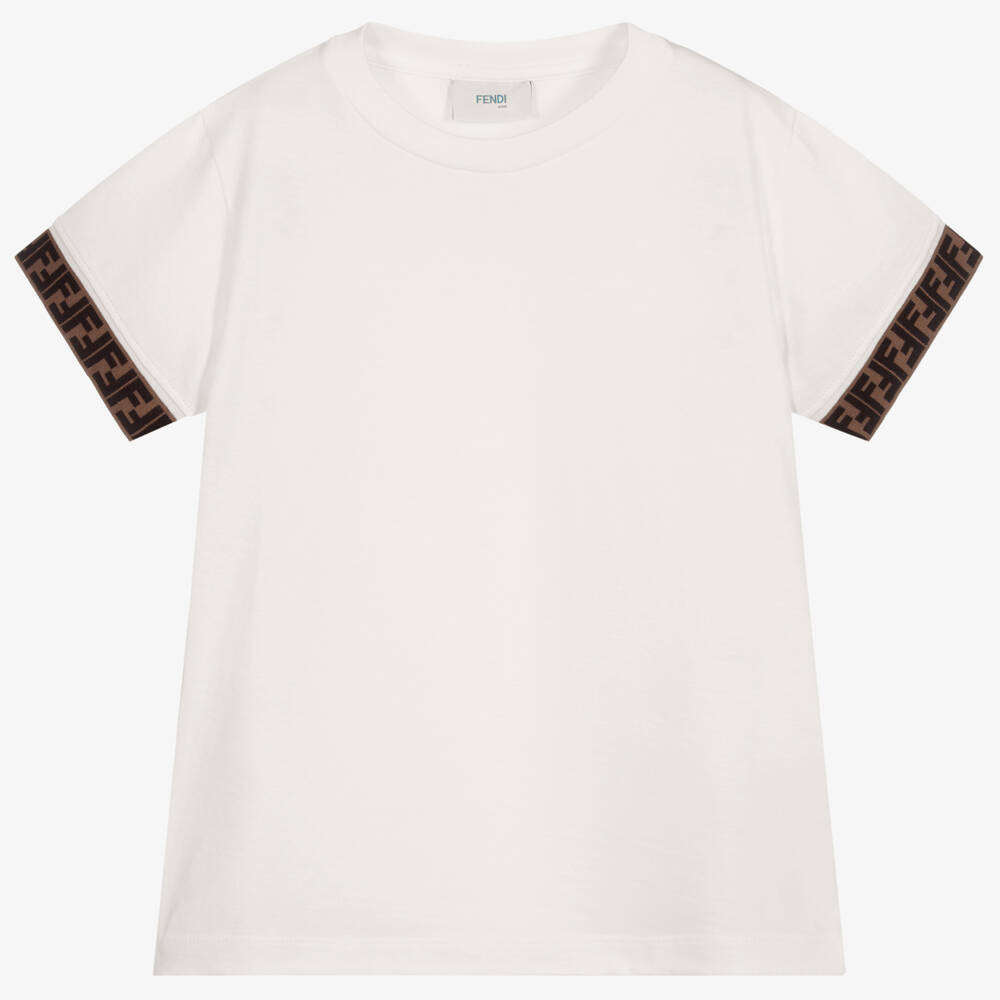 Fendi - Кремовая хлопковая футболка с принтом FF | Childrensalon
