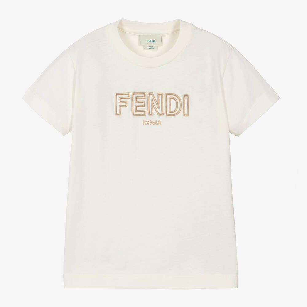 Fendi - Ivory Embroidered Cotton T-Shirt | Childrensalon