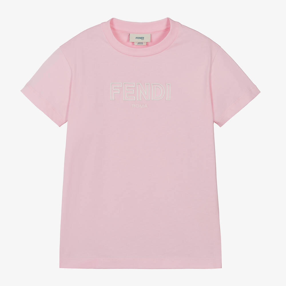 Shop Fendi Girls Pink Embroidered Cotton T-shirt