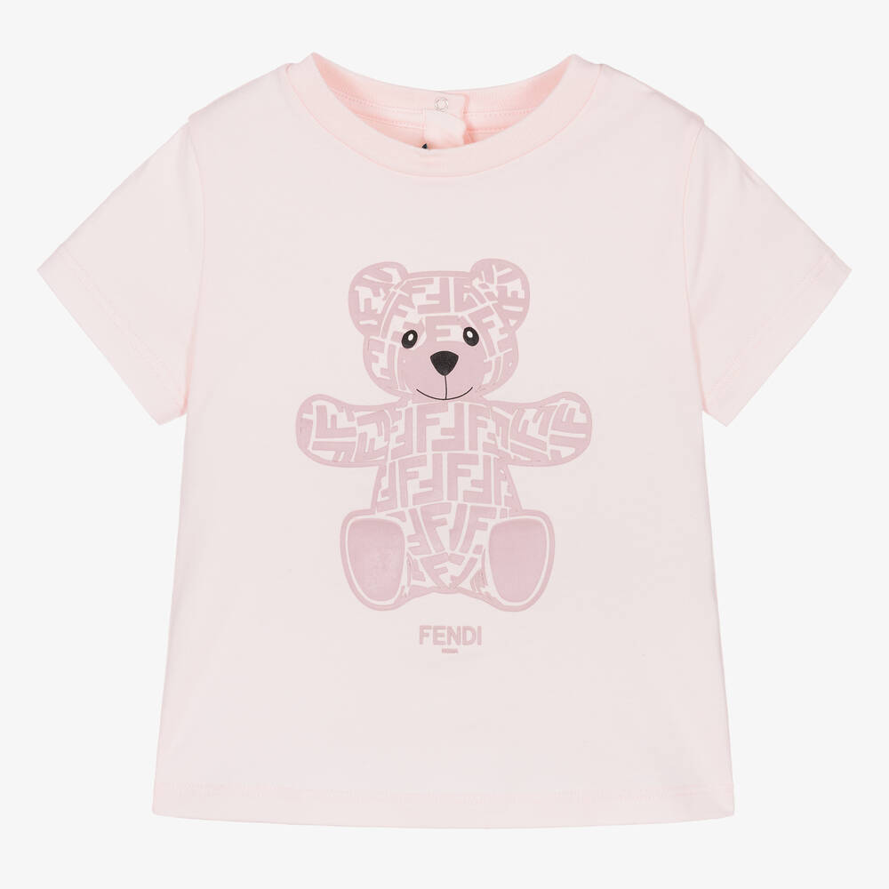 Fendi - T-shirt rose en coton FF ours bébé  | Childrensalon