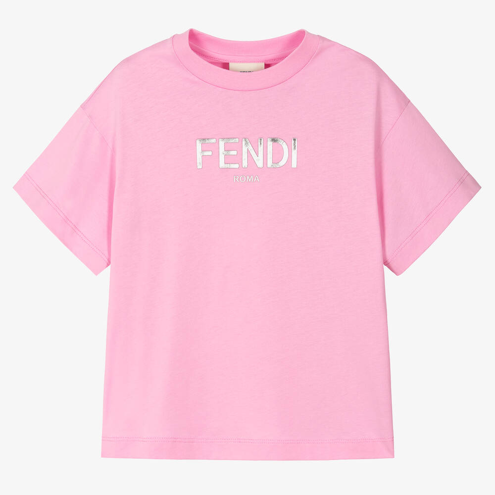 Fendi - T-Shirt aus Baumwolle in Rosa und Metallic-Silber | Childrensalon