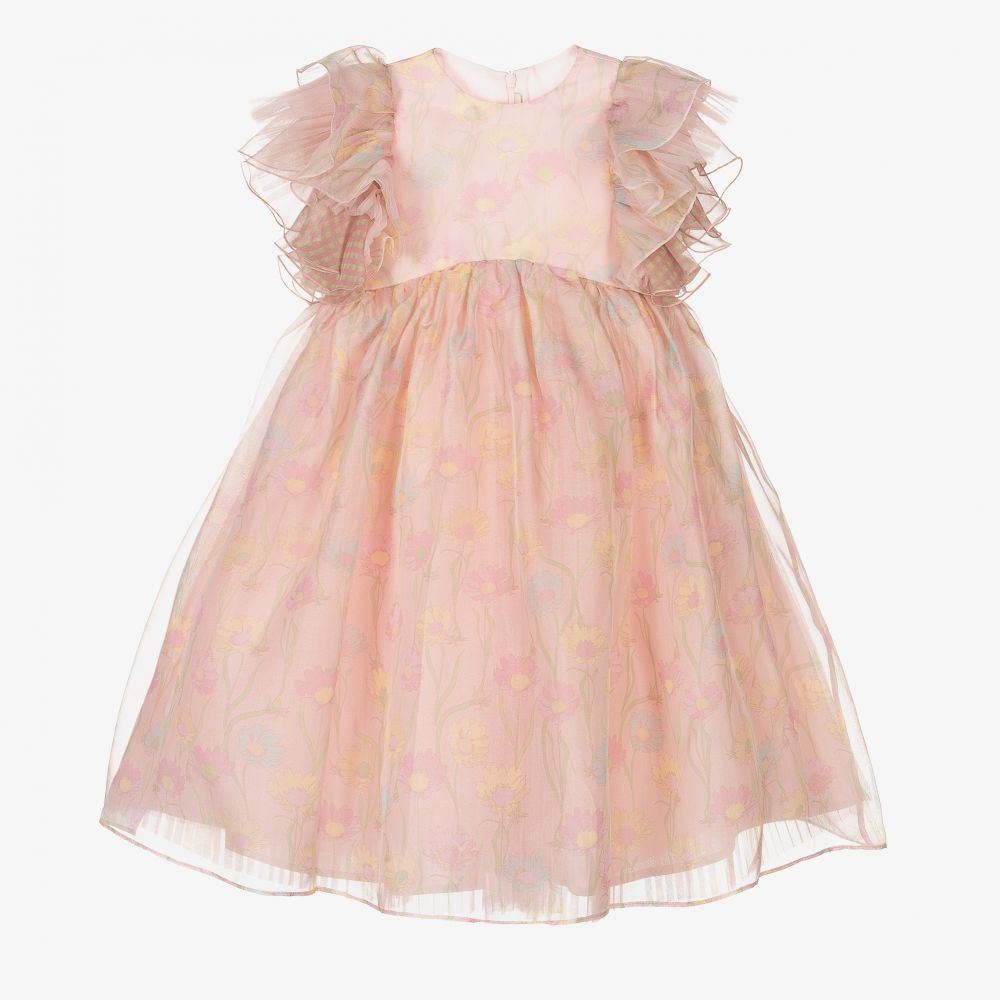 Fendi Kids' Girls Pink Silk Organza Floral Dress